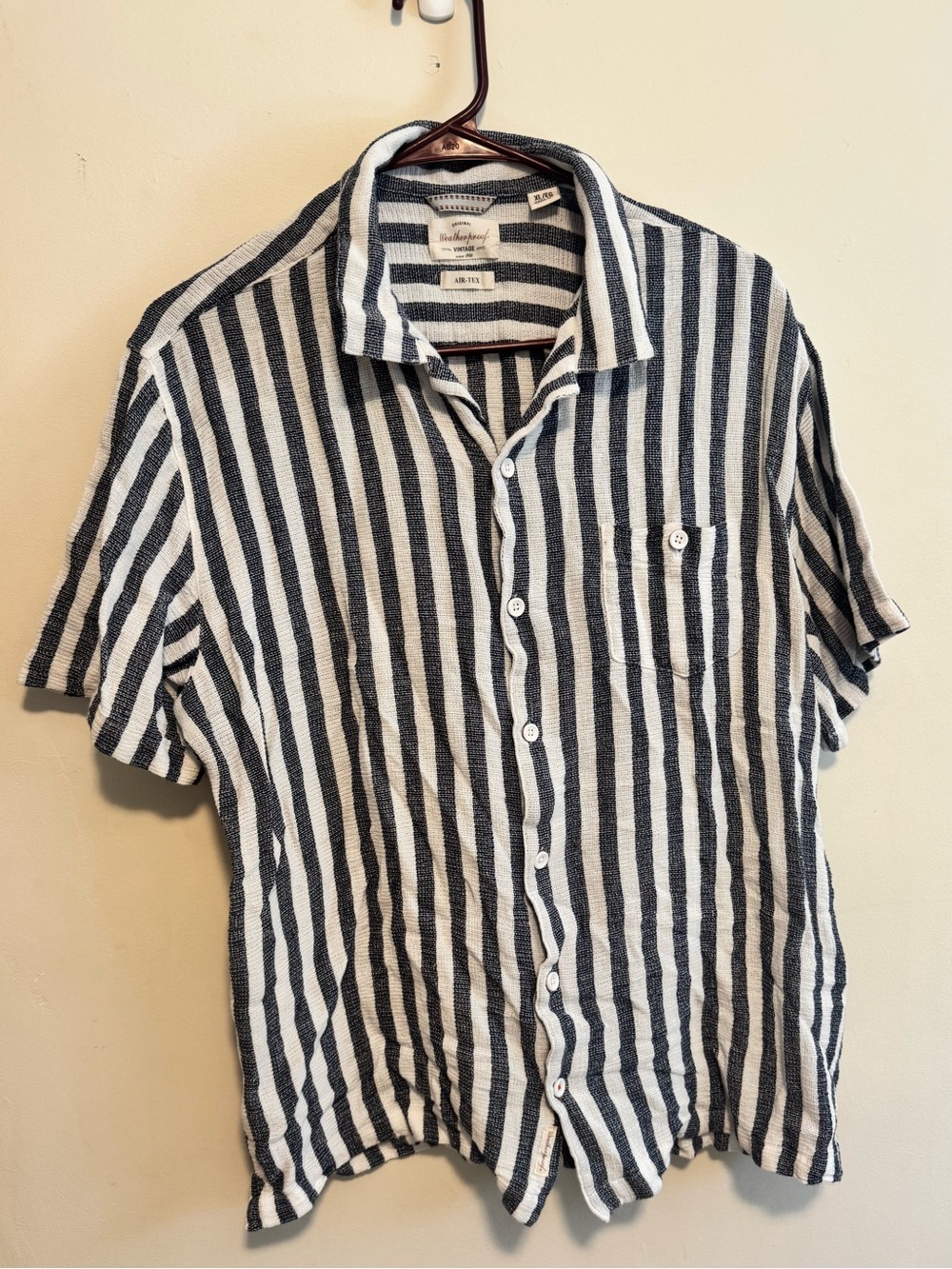 Weatherproof Navy and White Vertical Stripe Short-Sleeve Button-Down Shirt